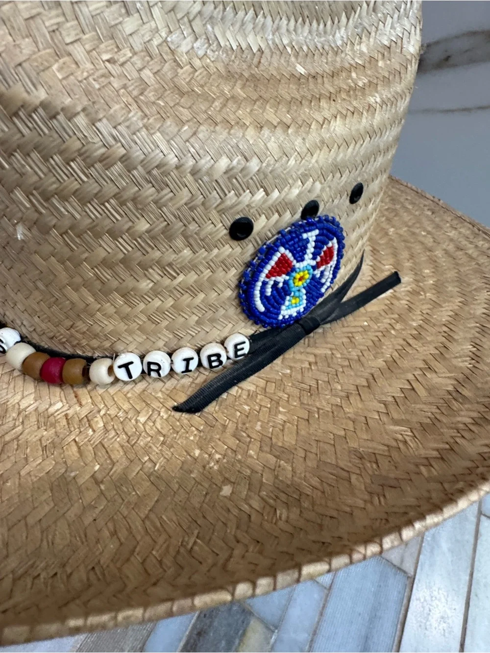 Texas hat Company Straw Cowboy Hat Oodahekrwees Tribe Beaded Thunderbird  7 1/8